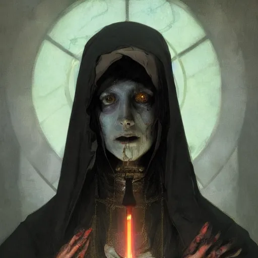 Image similar to A portrait of A zombie nun glowing black by greg rutkowski and alphonse mucha,In style of digital art illustration.Dark Fantasy.darksouls.hyper detailed,smooth, sharp focus,trending on artstation,4k