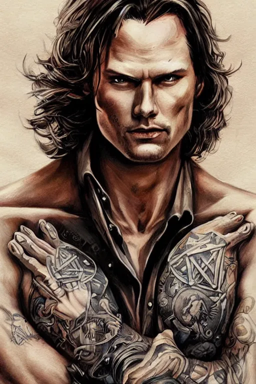 Image similar to romance book illustration style, front portrait of attractive sam winchester as an ann rice vampire, clothes torn apart, muscular chest tattooed with runes and symbols, d & d!, fantasy style, sharp focus!, ultra detailed, art by artgerm and peter andrew jones, wlop