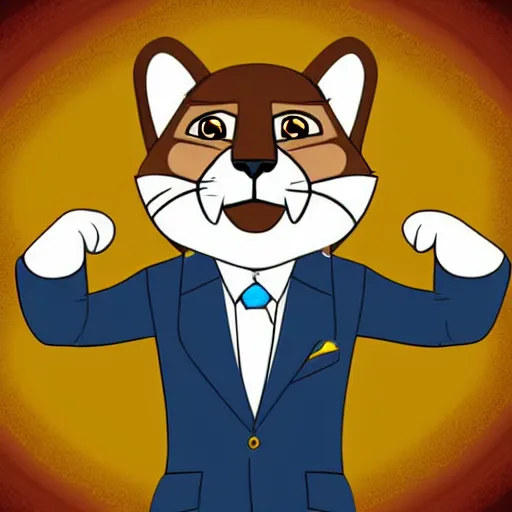 Prompt: a cartoon drawing of main character portrait anthro anthropomorphic mountain lion head animal person fursona wearing suit and tie furry 2 d masterpiece commission art solid background