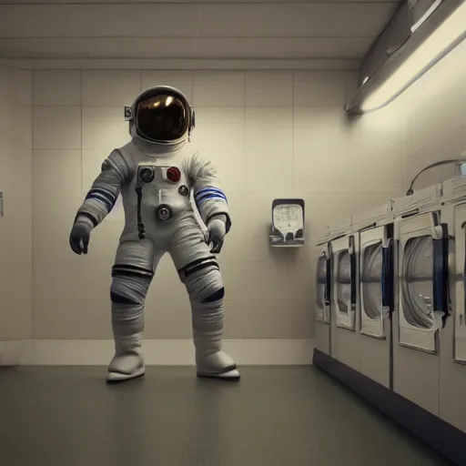 Image similar to a beautiful photo of an astronaut waiting in a laundromat, 1970', soft light, morning light, photorealistic, realistic, octane, 8k, cinematic shot