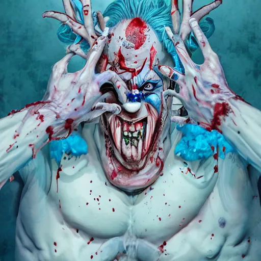 Image similar to 4K headshot of godlike clown with blue skin with defined arms and open hands and bloody clothes with giant mandala wings , white intricate scary clown makeup , flawless anime cel animation by Kentaro Miura, psychedelic , highly detailed upper body , professionally post-processed , beautiful, scary, symmetry accurate features, epic, octane rendered, anime masterpiece, accurate