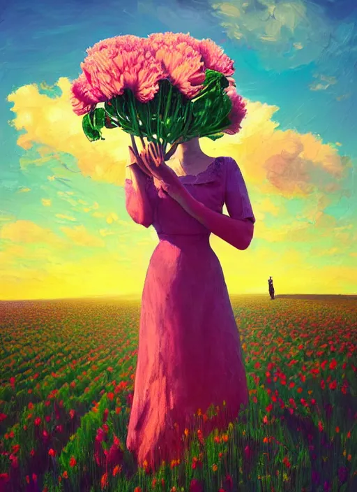 Image similar to portrait of a woman with a giant carnation as a face, flower field, surreal photography, sunset dramatic light, impressionist painting, colorful clouds, blue sky, digital painting, artstation, simon stalenhag