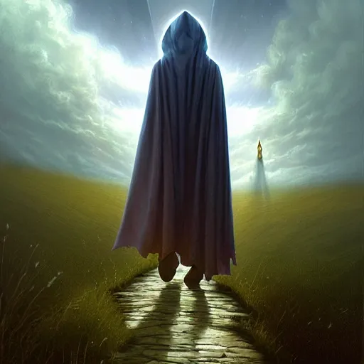 Image similar to a hooded mage walking on the hills while in the air there are clouds stars atmosferic ames eads casper david friedrich raphael lacoste vladimir kush tim white leis royo michael whelan bruce pennington volumetric light effect broad light oil painting painting fantasy art style sci - fi art style realism artwork unreal engine