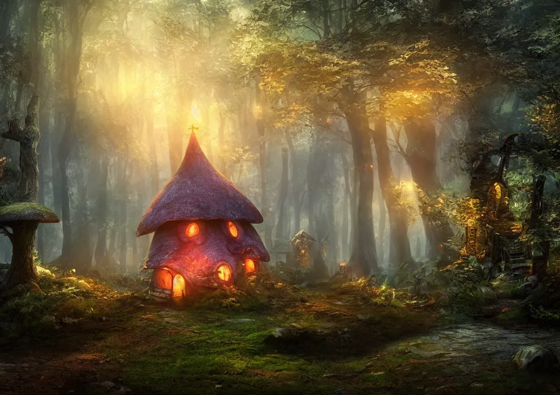 Image similar to fantasy mushroom cottage, in fairy tale forest, foggy atmosphere, volumetric lighting, fantasy artwork, very beautiful scenery, very realistic painting effect, hd, hdr, unreal engine 5, cinematic 4k wallpaper, 8k, ultra detailed, high resolution, artstation