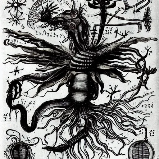 Prompt: whimsical freaky creature sings a unique canto about \'as above so below\' being ignited by the spirit of Haeckel and Robert Fludd, breakthrough is iminent, glory be to the magic within
