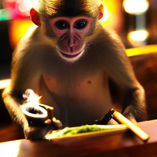 Prompt: Monkey happily smoking on a shisha pipe at a shisha bar, iPhone photo