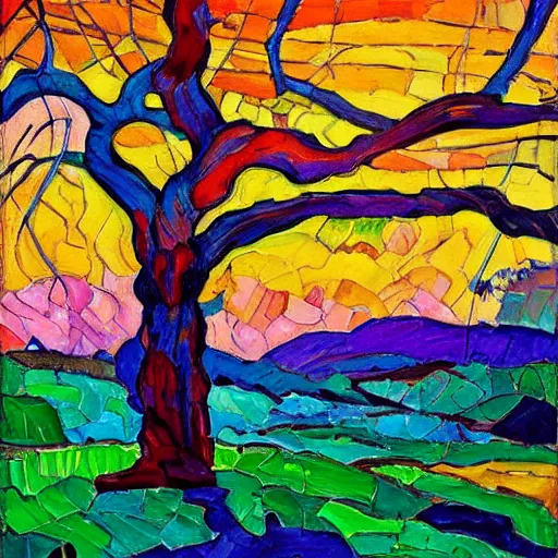 Image similar to a painting of a tree in the sunset, a gouache by Erin Hanson, deviantart, neo-fauvism, fauvism, impressionism, vivid colors