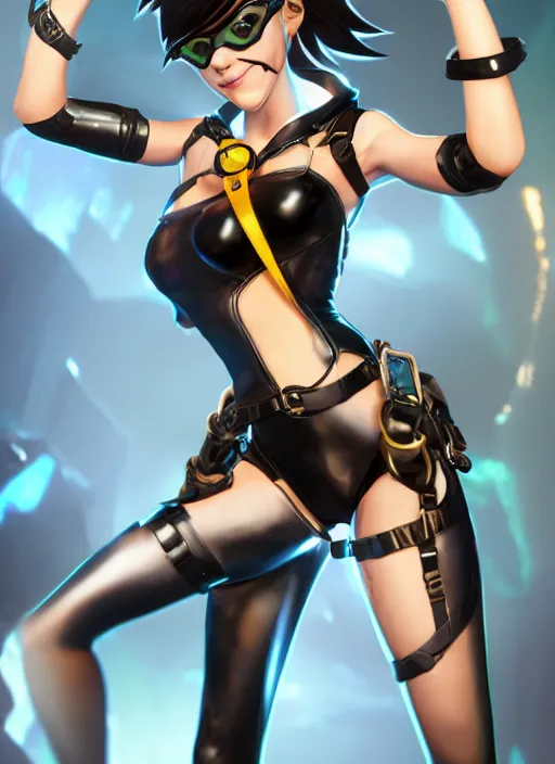Image similar to full body digital artwork of tracer overwatch, wearing black iridescent rainbow latex bikini, 4 k, expressive happy smug expression, makeup, in style of mark arian, wearing detailed black leather collar, wearing chains, black leather harness, leather cuffs around wrists, detailed face and eyes,