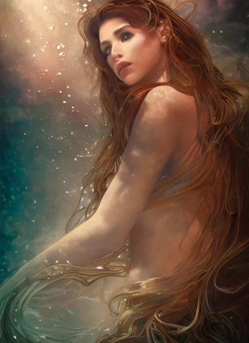 Image similar to an underwater photographic portrait of a woman created out of starlight and smoke, cinematic, volumetric lighting, beautiful fantasy, intricate, elegant, highly detailed, digital painting, artstation, concept art, smooth, sharp focus, illustration, art by ayami kojima, artgerm and h r giger and alphonse mucha