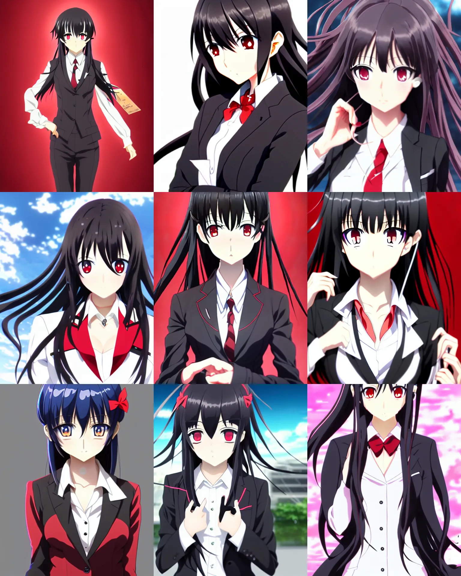 Prompt: black haired girl with red eyes, in a suit, anime fantasy artwork, kyoto animation, key visual