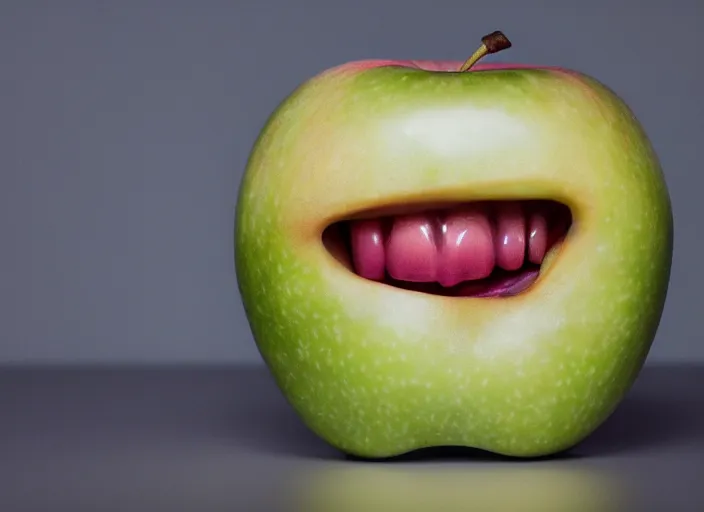 Image similar to photo still of an apple with human teeth, 8 k, studio lighting bright ambient lighting key light, 8 5 mm f 1. 8