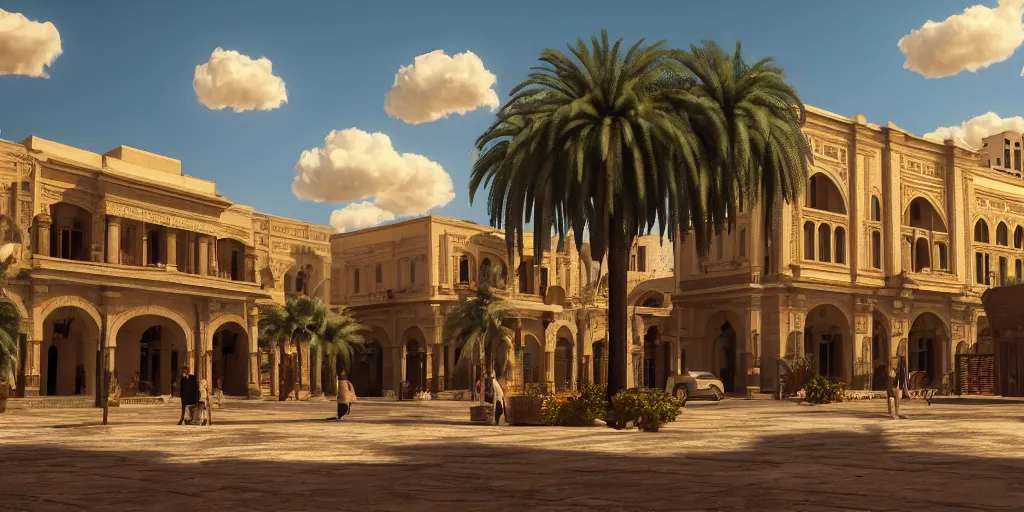 Image similar to khedival opera house, talaat Harb Square cairo, epic wide shot in unreal engine 5, beautiful clouds, dappled afternoon sunlight, acacia trees, date palm trees, shrubs, flowers, 4k, colorful, octane render, artstation