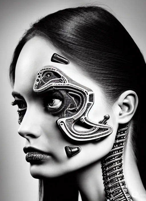 Image similar to a stunning young female cyborg profile face, face is made intricate tribal bio - mechanical, editorial photography, bw, shot on 7 0 mm, depth of field, f / 2. 8, high contrast, 1 6 k, rays of shimmering light, volumetric lighting, shiny, insanely detailed and intricate, hypermaximalist, elegant, ornate, hyper realistic, super detailed