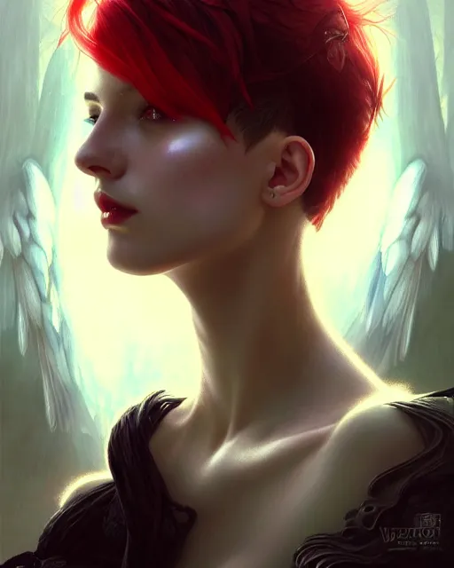 Prompt: cinematic portrait sexy female angel, fantasy forest landscape, fantasy magic, undercut hairstyle, short red black fade hair, dark light night, intricate, elegant, sharp focus, illustration, highly detailed, digital painting, concept art, matte, art by WLOP and Artgerm and Greg Rutkowski and Alphonse Mucha, masterpiece