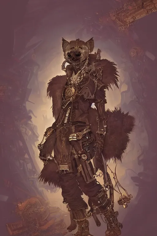 Image similar to anthropomorphic hyena as steampunk half - cyborg, western, high fantasy, dnd, smooth, sharp focus, illustration, highly detailed, digital painting, artstation, concept art, by disney animation, rossdraws, alphonse mucha, frank fanzzeta, collectible card art