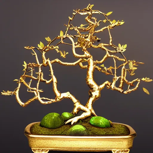 Image similar to aesthetic golden bonsai with raw gems as leaf and gothic ornaments, gems, rose gold, 8 k, details, studio lighting, realism, complex lights