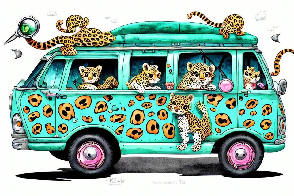 Image similar to cute and funny, baby leopard riding in a mystery machine van, ratfink style by ed roth, centered award winning watercolor pen illustration, isometric illustration by chihiro iwasaki, edited by range murata, tiny details by artgerm and watercolor girl, symmetrically isometrically centered, sharply focused