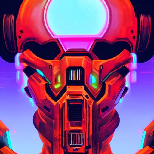 Image similar to Doom slayer, synthwave background, vivid color, high quality, digital painting, hyperrealism, neon, perfect symmetry