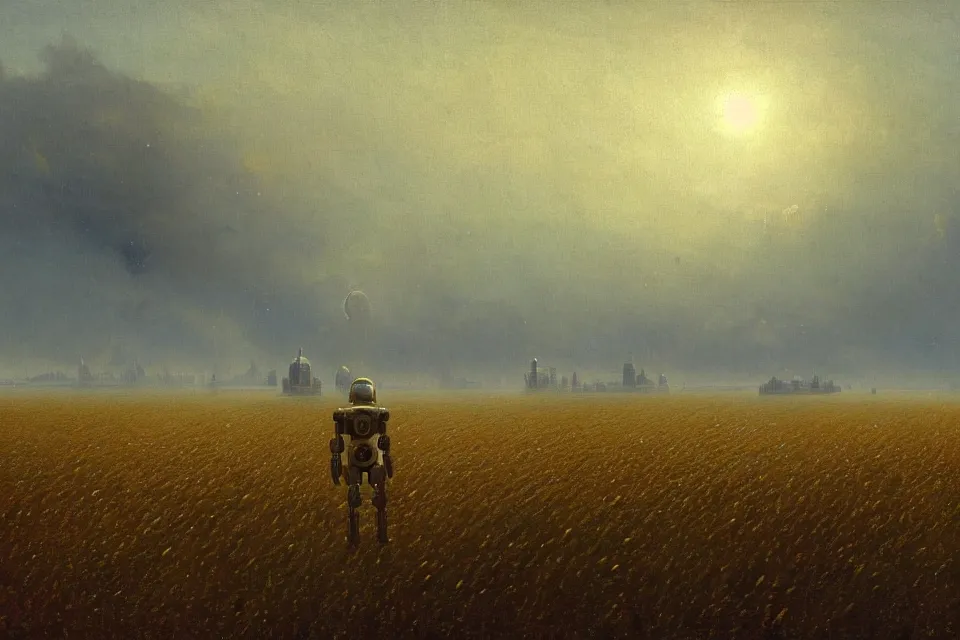 Image similar to sci-fi painting of a large alien city on the vast wheat fields, the closed back view of only one humanoid robot on the ground, by Ivan Aivazovsky, godrays, detailed