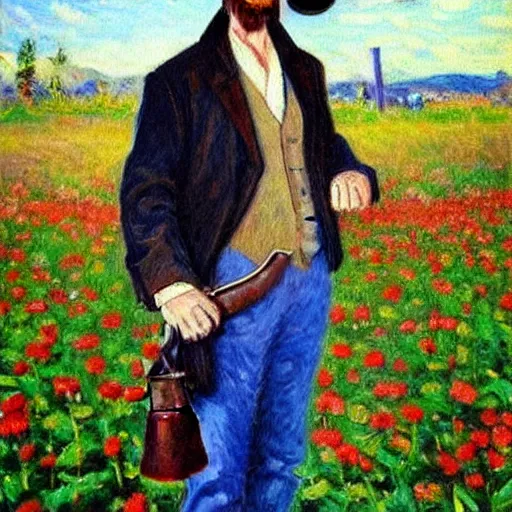 Image similar to an impressionist painting of a tall man with blue eyes and brown hair that is wearing a wide brim leather hat and a leather vest. He is holding a revolver in his left hand and a ((((red rose is in his right hand))))!!!!!!!!!!!, He is standing in a field of roses, Blue sky in the background, trending on artstation