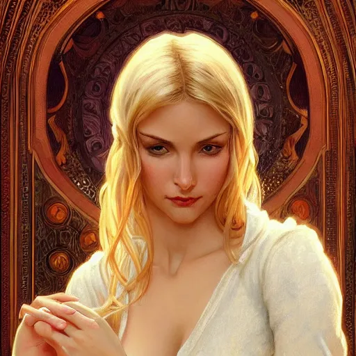 Image similar to ultra realistic illustration, a hot and beautiful blonde slavic woman in her 3 0's, intricate, elegant, highly detailed, digital painting, artstation, concept art, smooth, sharp focus, illustration, art by artgerm and greg rutkowski and alphonse mucha
