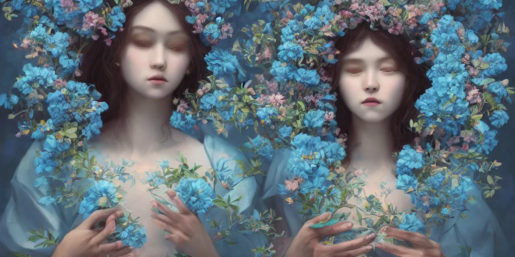 Image similar to breathtaking detailed concept art painting of the goddess of light blue flowers, orthodox saint, with anxious, piercing eyes, ornate background, amalgamation of leaves and flowers, by Hsiao-Ron Cheng, extremely moody lighting, 8K