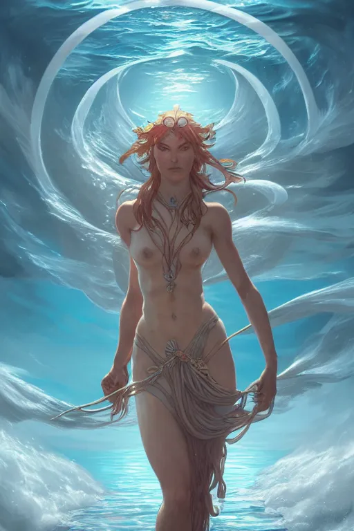 Image similar to goddess of the ocean, accurate anatomy, only two hands, highly detailed, digital painting, artstation, concept art, smooth, sharp focus, illustration, Unreal Engine 5, 8K, art by Ross Tran and greg rutkowski and alphonse Mucha