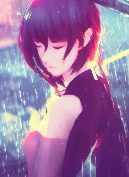 Image similar to listening to music at 2 am, pretty face, pretty body, pose, rain, lofi, lofi, peaceful, street light, anime key visual, poster, anime, by wlop, high quality, 4 k, trending, trending on artstation