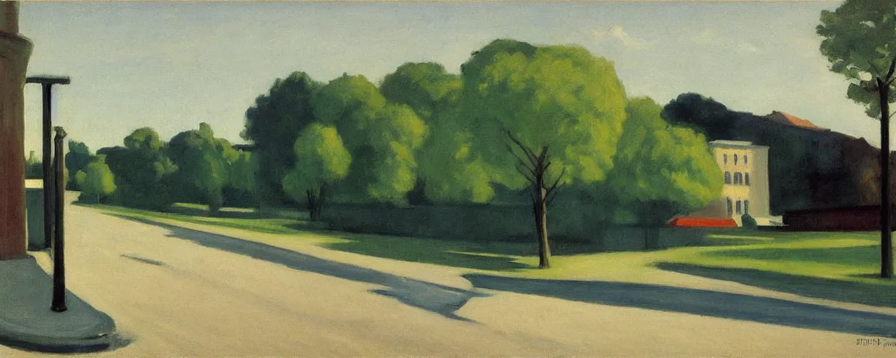 Prompt: an edward hopper style painting of a ( ( ( ( ( ( ( ( miskolc, a city in northeastern hungary ) ) ) ) ) ) ) ), late - spring, may of 1 9 4 8