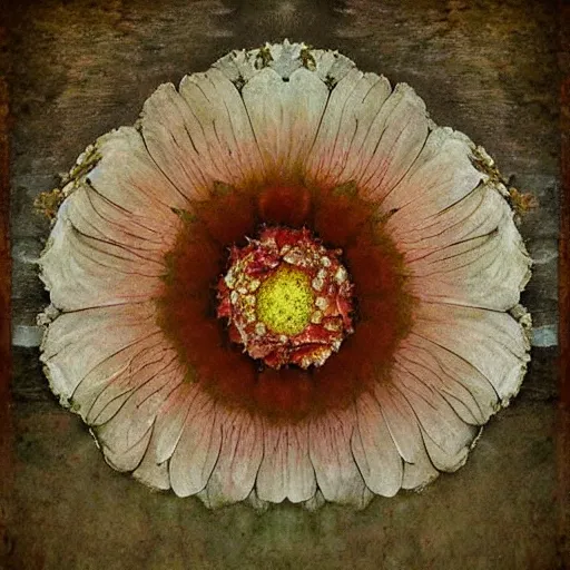 Prompt: The photograph is a beautiful and haunting work of art of a series of images that capture the delicate beauty of a flower in the process of decaying. The colors are muted and the overall effect is one of great sadness. glitch art by Diego Rivera soft