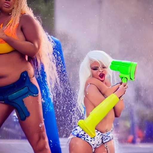 Image similar to photo of doja cat & trisha paytas having a watergun fight, wet, extremely detailed, dslr, 85mm pentax, f/1.3, award winning