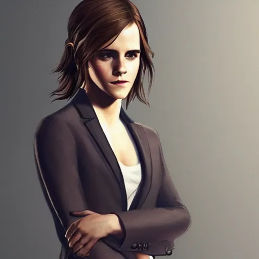 Image similar to Emma Watson wearing a suit as a grand theft auto 5 loading screen, gorgeous, intricate, highly detailed, digital painting, artstation, concept art, sharp focus, illustration, art by greg rutkowski and alphonse mucha