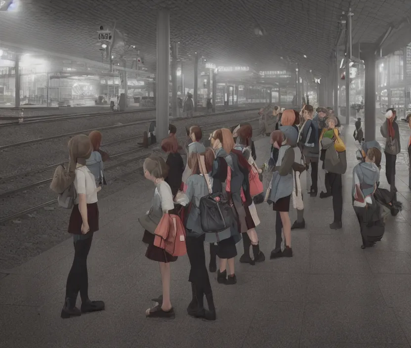 Prompt: School girls waiting on a urban train station, gloomy and foggy atmosphere, octane render, artstation trending, horror scene, highly detailded