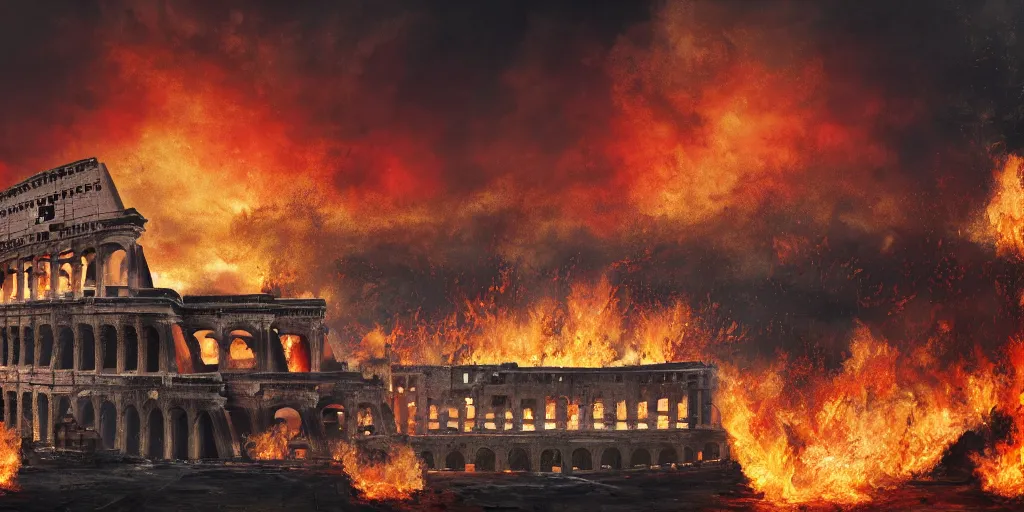 Prompt: Painting of the great fire of rome, abstract, realism, 8k, detailed, terror, octane render, 3d render, complex emotion, glow