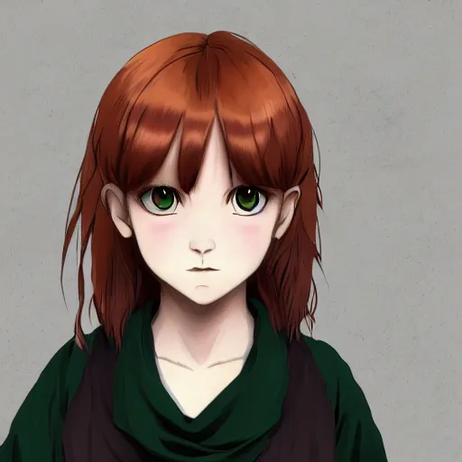 Image similar to a cute pretty young girl, with short ginger hair that is middle parted, with freckles, scowling and angry, with green eyes, wearing a black cloak, anime key visual, digital art, DD, concept art, trending on art station, 8k, official media from spirited away