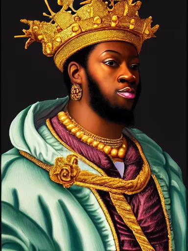 Old oil picture of kendrick lamar wearing a crown, renaissance style