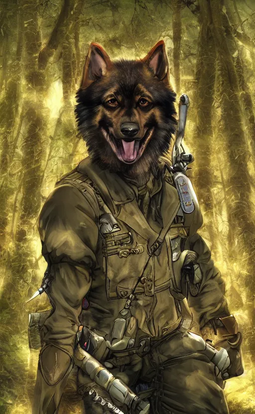 Image similar to close up character portrait icon of the german shepard beast - man military uniform head animal person wearing clothes standing in the bright forest, hidari, color page, tankoban, 4 k, tone mapping, akihiko yoshida