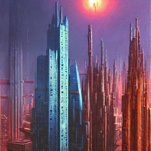 Image similar to towering spires of buildings, cyberpunk bladerunner style, beksinski and star wars style painting