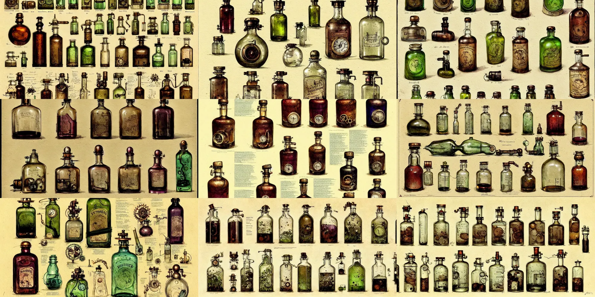 Prompt: ( ( ( ( ( 1 9 5 0 s steampunk potion bottles cover art. potion bottles reference sheet. ) ) ) ) ) by jean - baptiste monge!!!!!!!!!!!!!!!!!!!!!!!!!!!