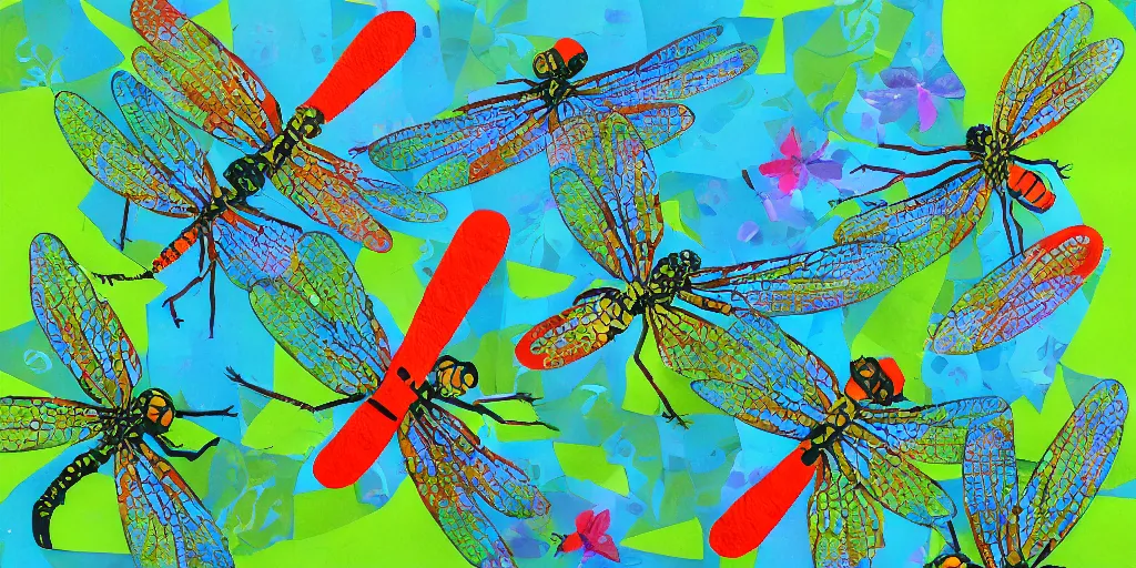 Prompt: dragonfly swarm dancing in the calm summer air above a peaceful stream. hand - painted collage cut paper. by eric carle