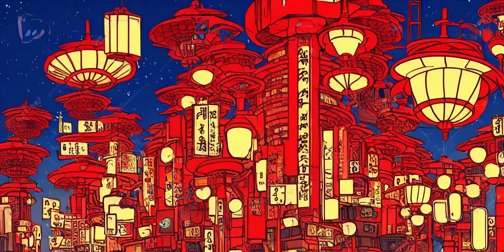 Image similar to neo tokyo in the style of studio ghibli, night, traditional red china lamps, high contrast, ghibli