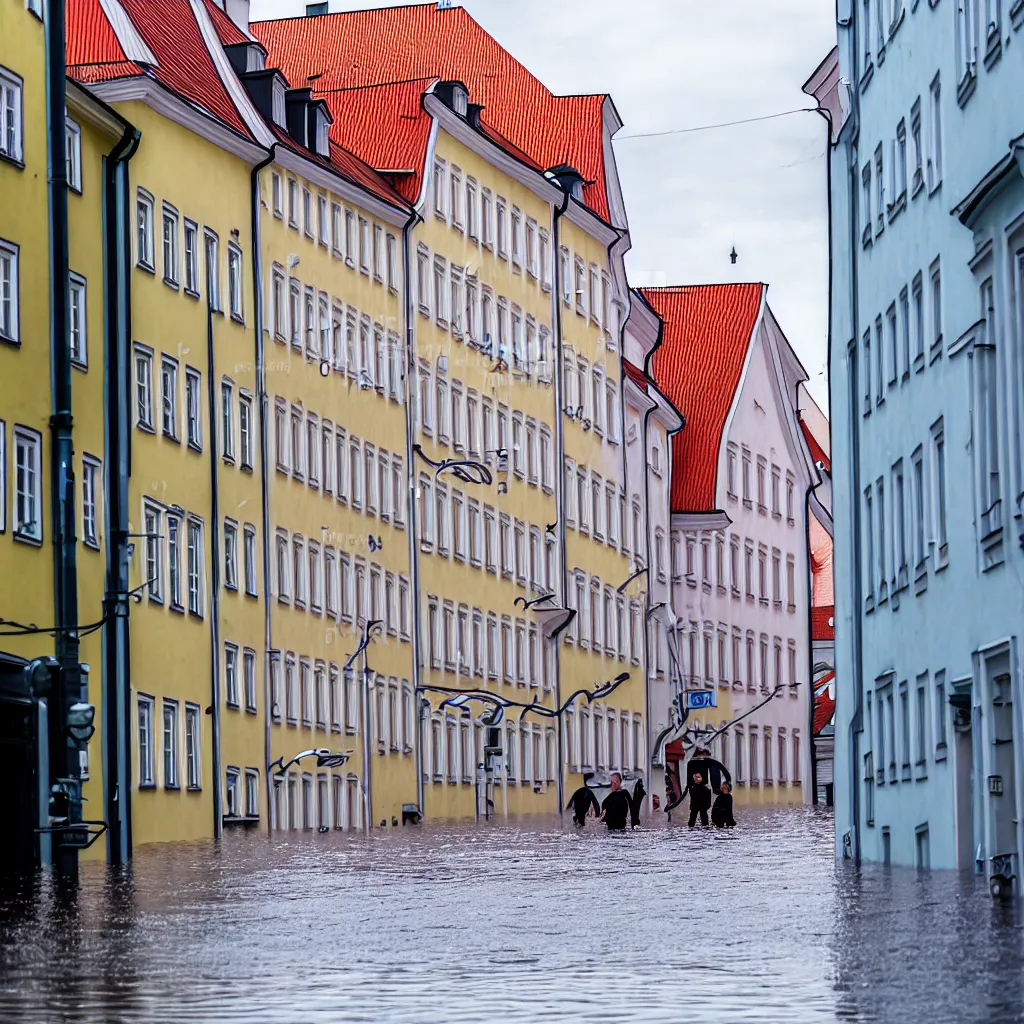 Prompt: view from the streets of Tallinn, capital of estonia, suffering from floods from the sea due to climate change in the year 2100, the citizens of Tallinn are shocked, street photography, ultra detailed, 40mm focal lense, flash at noon, 8k,