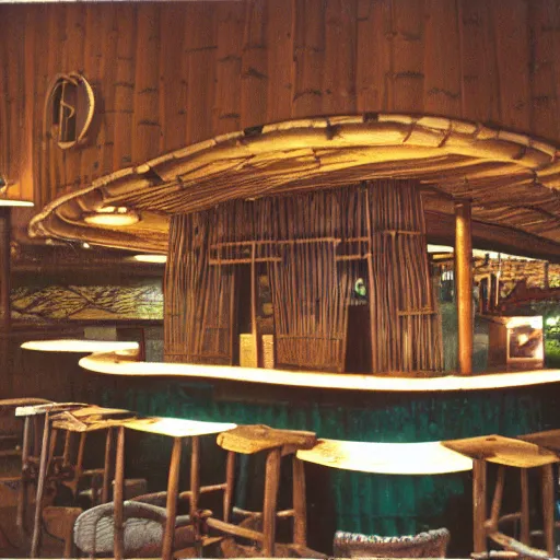 Prompt: mid century tiki bar empty with no people. bamboo. highly detailed retro 3 5 mm photo.