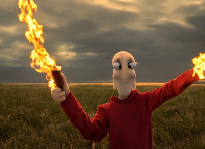 Image similar to squidward practicing firebending in an open field at susnset