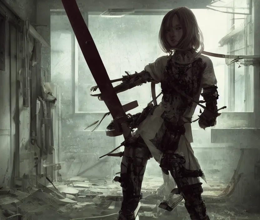 Image similar to School girl holding a katana and standing on an abandoned hospital room,horror sccene, hyperrealistic mixed media, stunning 3d render inspired art by P. Craig Russell and Barry Windsor-Smith + perfect facial symmetry + dim volumetric lighting, 8k octane beautifully detailed render, post-processing, extremely hyperdetailed, intricate futuristic mechanic parts, epic composition, grim yet sparkling atmosphere, cinematic lighting + masterpiece, trending on artstation