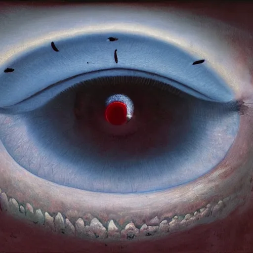 Prompt: RED EYE, BLUE EYE, RED EYE, BLUE EYE by Zdzislaw Beksinski, Jeffrey Smith and H.R. Giger, oil on canvas, 8k highly professionally detailed, trending on artstation