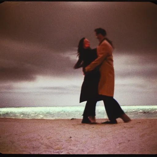 Image similar to 9 0 s polaroid photograph of a man and woman both wearing trenchcoats at night, dancing together on a beach during cloudy weather, vignette