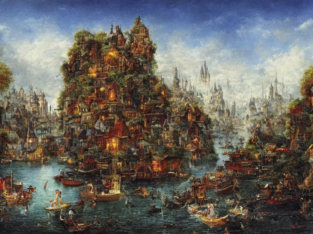 Image similar to an old enchanted fantasy town, viewed from the harbor, by jean - baptist monge,