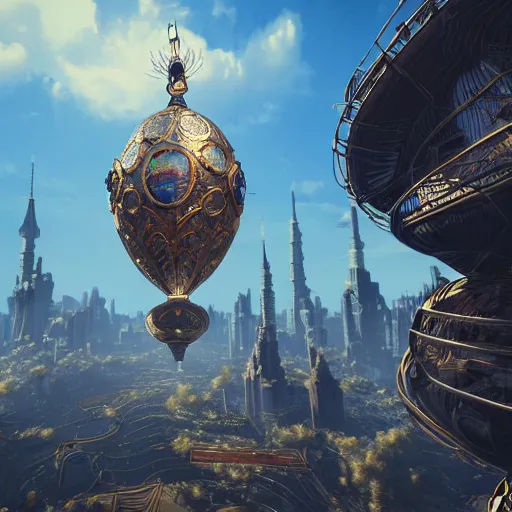 Image similar to enormous flying city in a faberge egg, sky background, steampunk, fantasy art, masterpiece, unreal engine