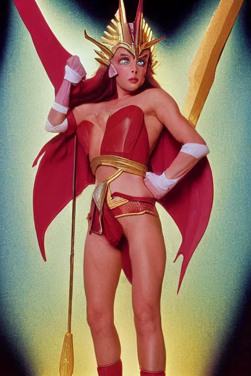 Prompt: she - ra, centerfold, full body, symmetrical features, color photo, 1 9 8 5 photograph, kodachrome, aged paper, sergio leone, master prime lenses, cinematic